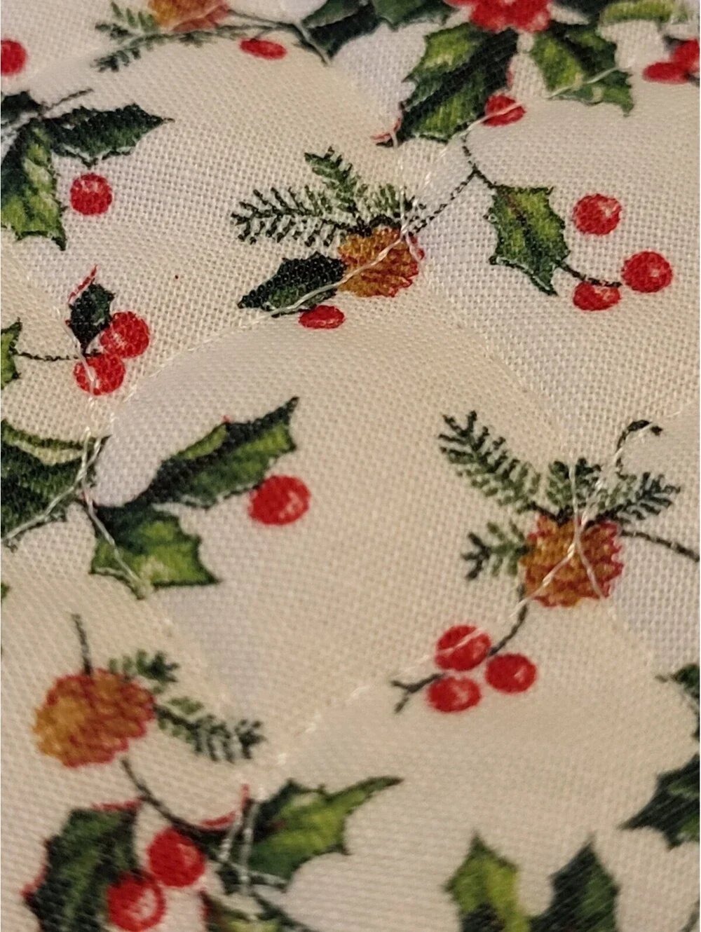 Vintage Handmade White Christmas Stocking Holiday Holly Pinecones Ruffles 22”